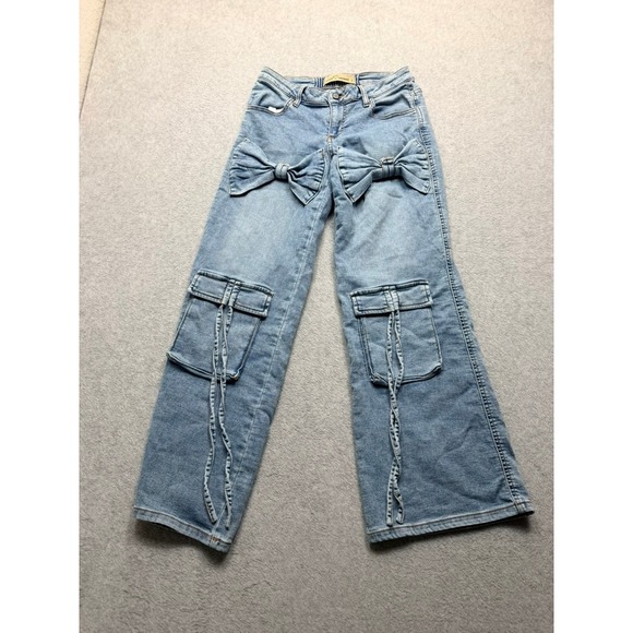 Love Friends Denim - Love Friends Light Wash Bow Cargo Jeans Women Wide Leg Coquette Streetwear Denim